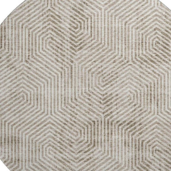 HomeRoots 8' Modern Taupe & Beige Geometric Washable Round Rug - Durable, UV-Protected, Easy-Care Design 672533