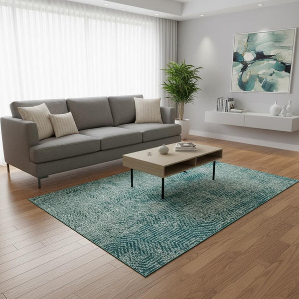HomeRoots 5' X 8' Modern Teal & Gray Geometric Area Rug - Washable, UV-Protected, Stain-Resistant Design 672538