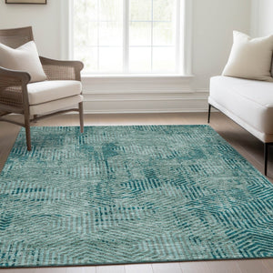 HomeRoots 5' X 8' Modern Teal & Gray Geometric Area Rug - Washable, UV-Protected, Stain-Resistant Design 672538