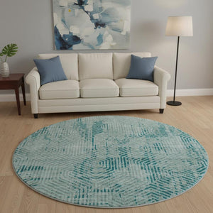 HomeRoots 8' Teal and Gray Geometric Round Rug - Washable, UV Protected, Perfect for Busy Homes & Style! 672539