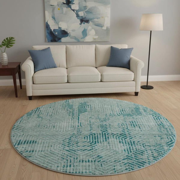 HomeRoots 8' Teal and Gray Geometric Round Rug - Washable, UV Protected, Perfect for Busy Homes & Style! 672539