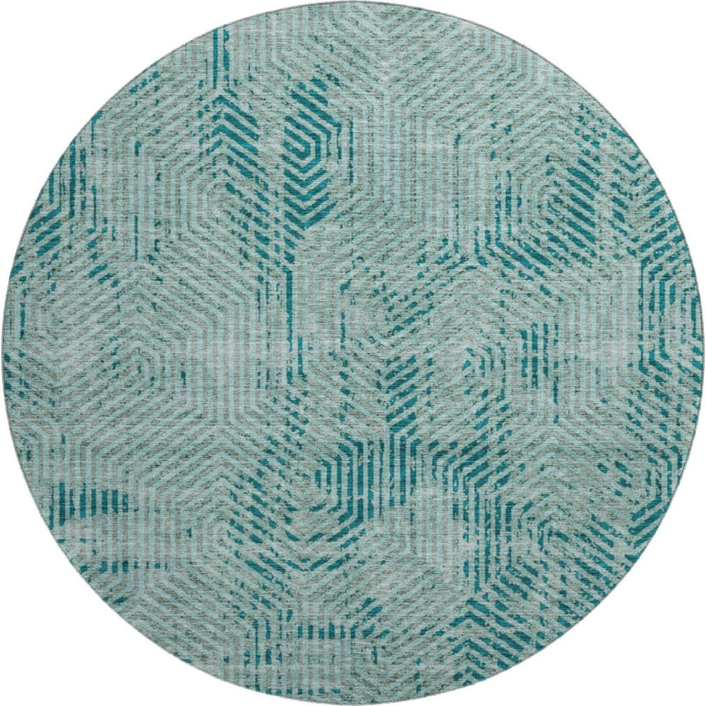 HomeRoots 8' Teal and Gray Geometric Round Rug - Washable, UV Protected, Perfect for Busy Homes & Style! 672539