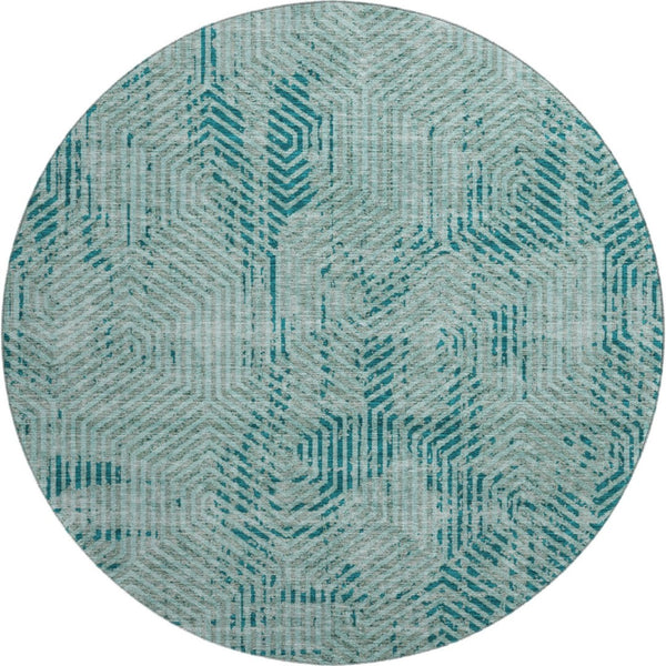 HomeRoots 8' Teal and Gray Geometric Round Rug - Washable, UV Protected, Perfect for Busy Homes & Style! 672539