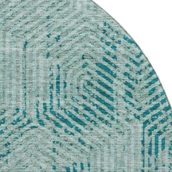 HomeRoots 8' Teal and Gray Geometric Round Rug - Washable, UV Protected, Perfect for Busy Homes & Style! 672539