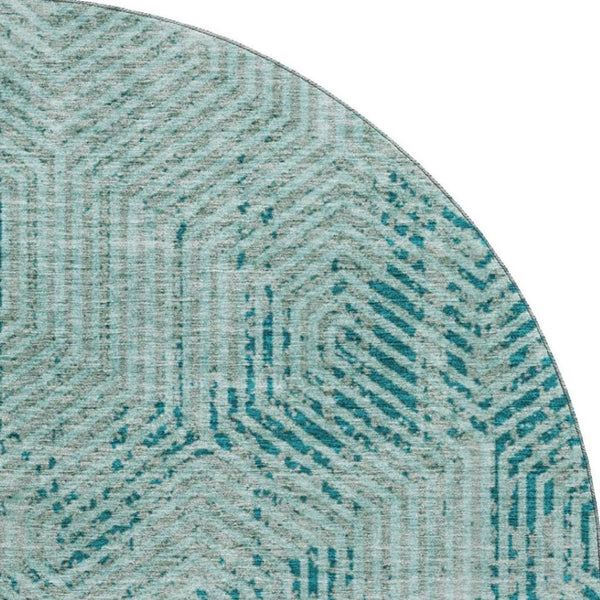 HomeRoots 8' Teal and Gray Geometric Round Rug - Washable, UV Protected, Perfect for Busy Homes & Style! 672539