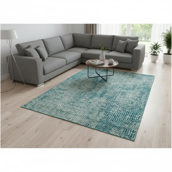 HomeRoots 8' X 10' Teal and Gray Geometric Area Rug - Durable, Washable, UV-Protected for Modern Spaces 672540