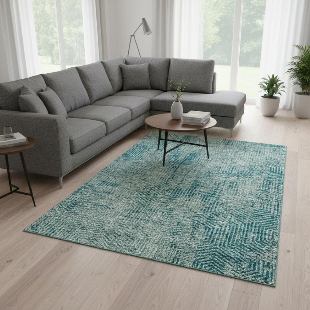 HomeRoots 9' X 12' Stylish Teal & Gray Geometric Area Rug - Washable, UV-Protected & Family-Friendly Design! 672541