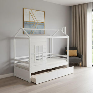 HomeRoots White Wood Twin Bed Frame with Storage Drawers - Stylish, Durable Design for Organized Bedrooms 672543