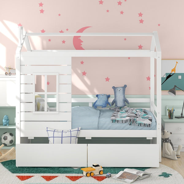 HomeRoots White Wood Twin Bed Frame with Storage Drawers - Stylish, Durable Design for Organized Bedrooms 672543