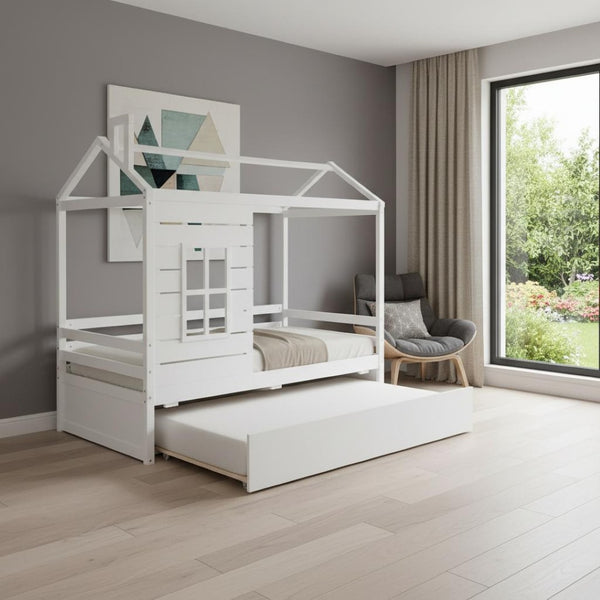 HomeRoots White Wood Twin Bed Frame with Rolling Trundle for Space-Saving, Stylish Sleep Solutions at Home 672544