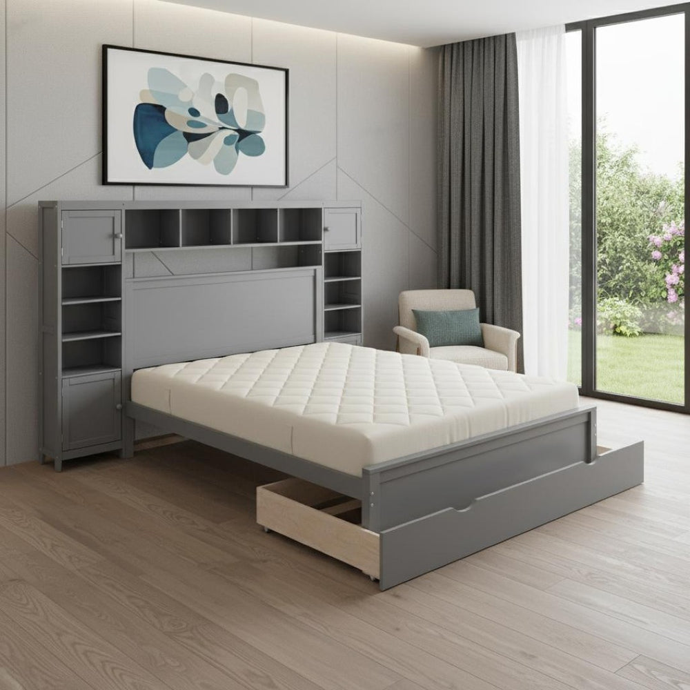 HomeRoots Gray Wood Full Bed Frame with Twin Trundle – Stylish, Space-Saving Solution for Modern Bedrooms 672547