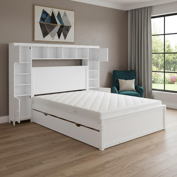 HomeRoots White Wood Full Bed Frame with Rolling Twin Trundle - Space-Saving Design for Stylish Sleepovers! 672548