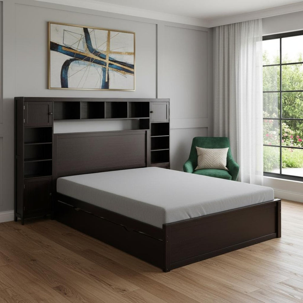 HomeRoots Espresso Wood Full Bed Frame with Twin Trundle - Stylish, Space-Saving Design for Modern Bedrooms 672549