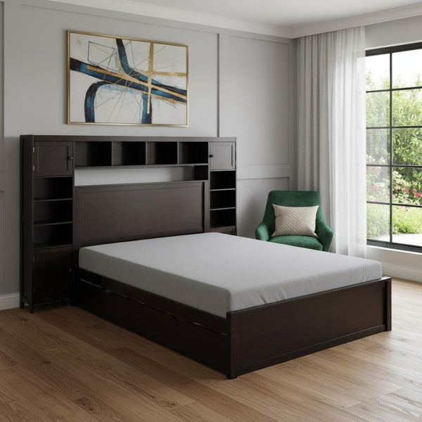 HomeRoots Espresso Wood Full Bed Frame with Twin Trundle - Stylish, Space-Saving Design for Modern Bedrooms 672549