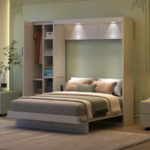 HomeRoots White Wood Full Murphy Bed with Ambient LED Lighting - Stylish Space-Saving Design for Small Rooms 672557