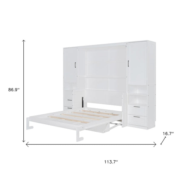 HomeRoots White Wood Queen Murphy Bed with Hidden Drawers - Space-Saving Design for Stylish Guest Rooms & Studios 672558