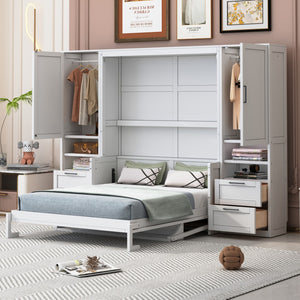 HomeRoots White Wood Queen Murphy Bed with Hidden Drawers - Space-Saving Design for Stylish Guest Rooms & Studios 672558