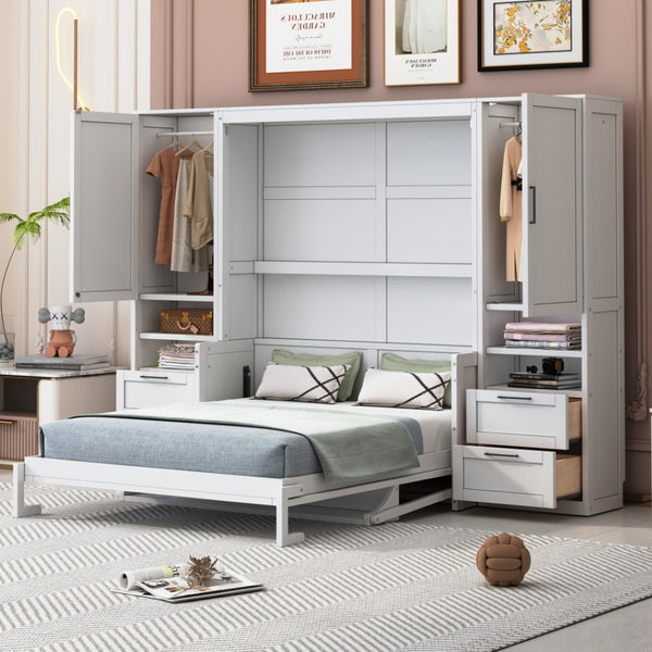 HomeRoots White Wood Queen Murphy Bed with Hidden Drawers - Space-Saving Design for Stylish Guest Rooms & Studios 672558