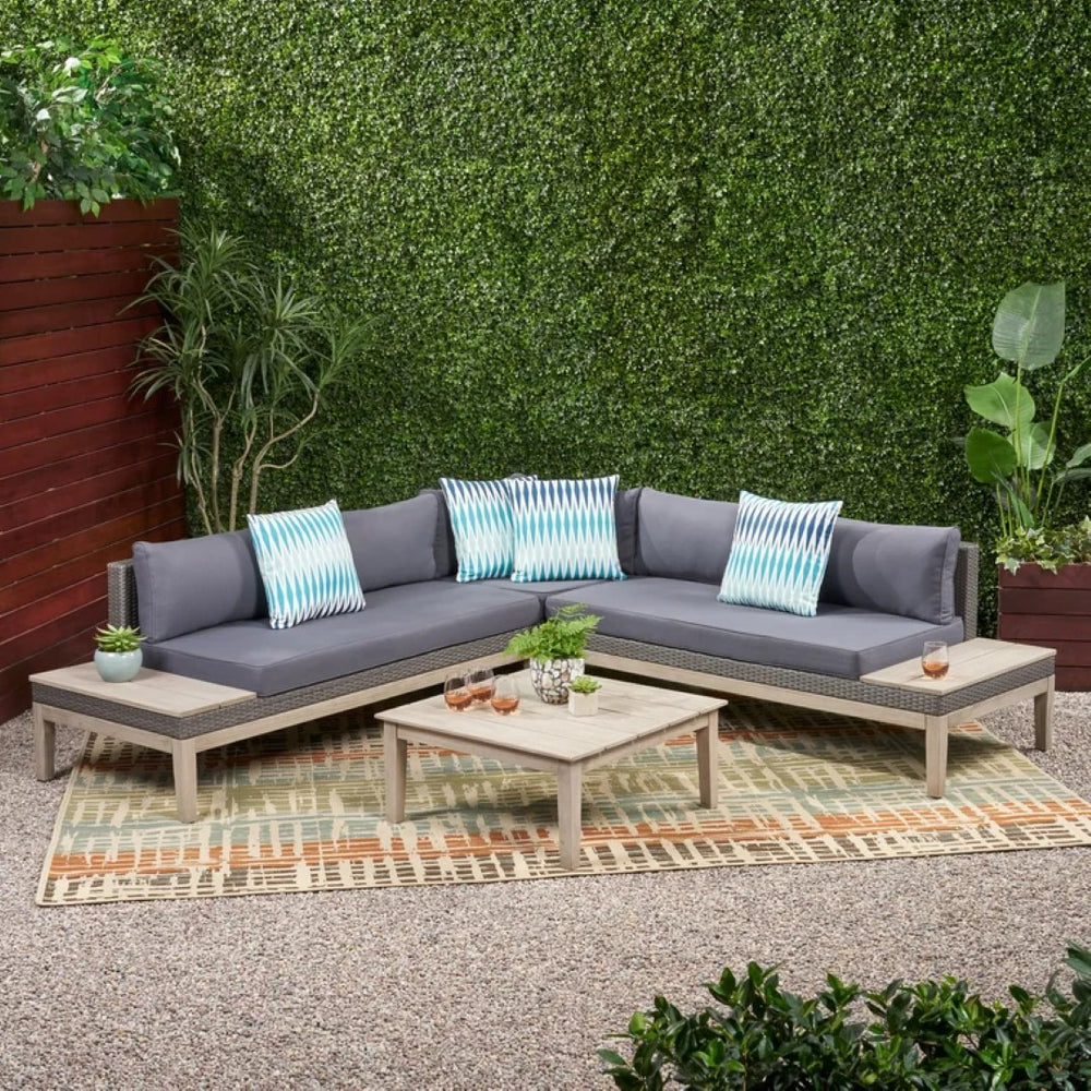 English Elm Loft Outdoor Acacia and Wicker Modular Sectional with Built-in Side Tables for Patios 67255_67256_67257_67258GRY