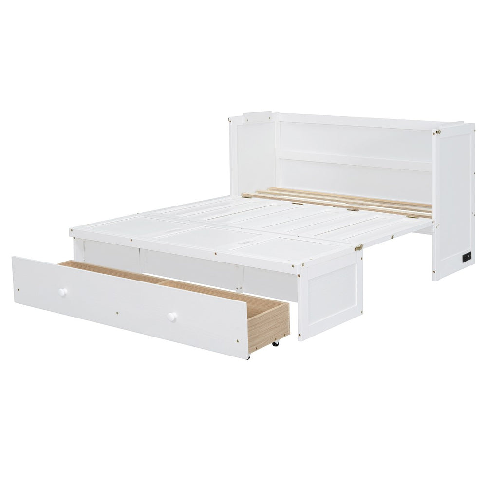HomeRoots White Wood Full Murphy Bed with USB Charging, Storage Drawers & Stylish Compact Design for Small Spaces 672560
