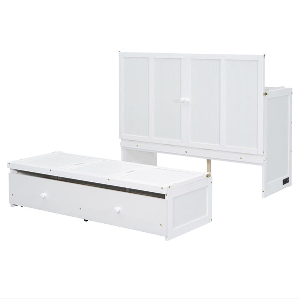 HomeRoots White Wood Full Murphy Bed with USB Charging, Storage Drawers & Stylish Compact Design for Small Spaces 672560