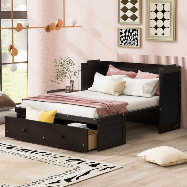 HomeRoots Espresso Wood Full Murphy Bed with USB Charging, Drawers & Sturdy Support for Small Spaces 672561