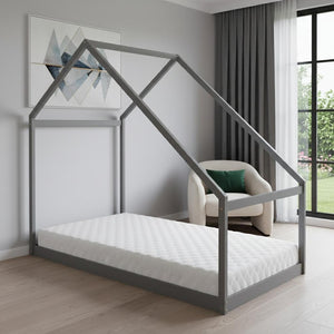 HomeRoots Gray Wood Twin Bed Frame – Modern Platform Design, Durable Support, Ideal for Small Spaces & Guests 672567