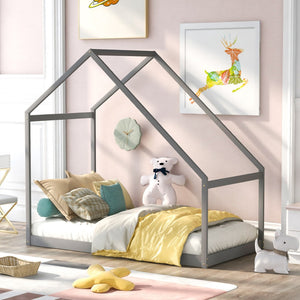 HomeRoots Gray Wood Twin Bed Frame – Modern Platform Design, Durable Support, Ideal for Small Spaces & Guests 672567