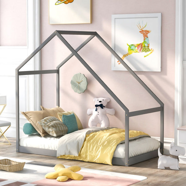 HomeRoots Gray Wood Twin Bed Frame – Modern Platform Design, Durable Support, Ideal for Small Spaces & Guests 672567