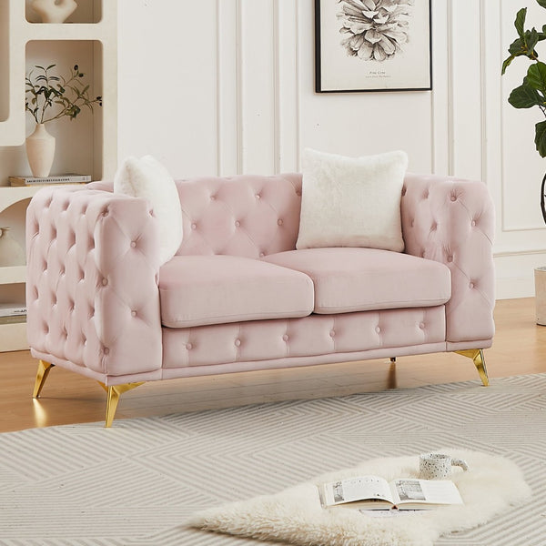 English Elm Fx Velvet Chesterfield Sofa Button Tufted Diamond Quilted Design with Accent Pillows Pink W1926S00079