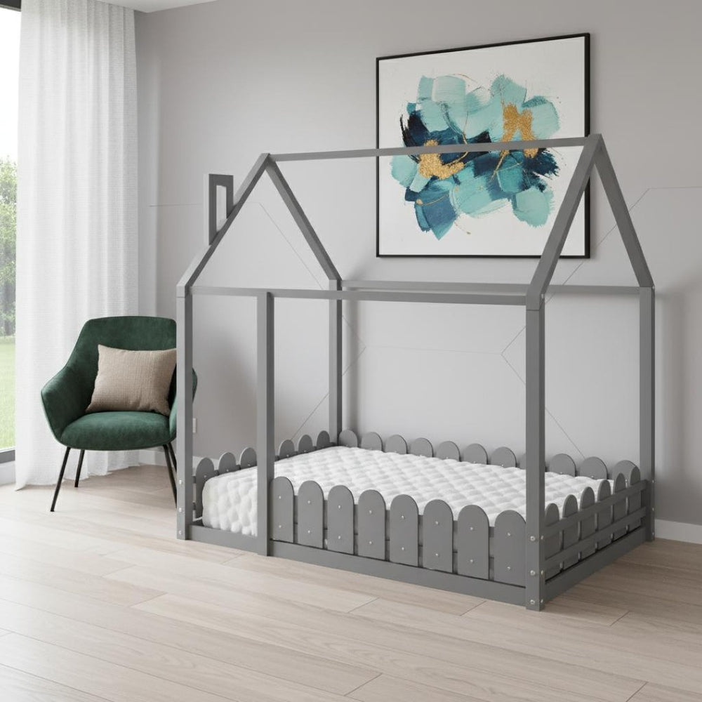 HomeRoots Gray Wood Full Bed Frame - Modern Platform Design with Sturdy Slats for Stylish, Comfortable Sleep 672571