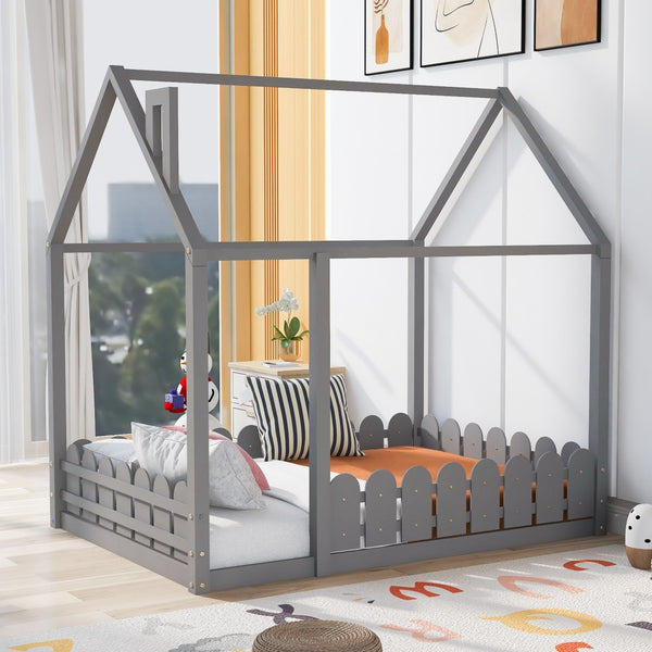 HomeRoots Gray Wood Full Bed Frame - Modern Platform Design with Sturdy Slats for Stylish, Comfortable Sleep 672571