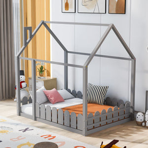 HomeRoots Gray Wood Full Bed Frame - Modern Platform Design with Sturdy Slats for Stylish, Comfortable Sleep 672571