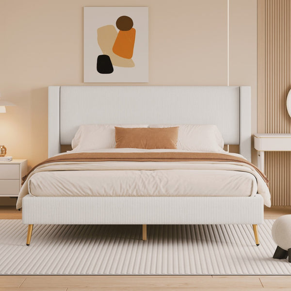 HomeRoots Beige Corduroy Upholstered Queen Bed Frame - Modern Design, Cozy Support & Stylish Comfort for Any Room 672572