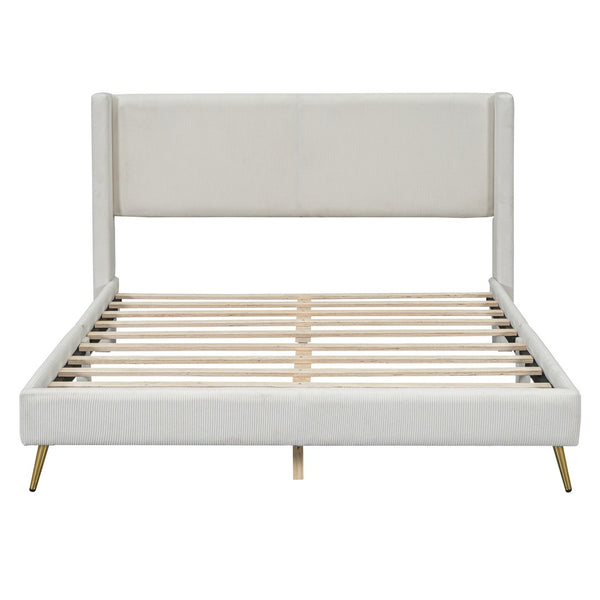 HomeRoots Beige Corduroy Upholstered Queen Bed Frame - Modern Design, Cozy Support & Stylish Comfort for Any Room 672572