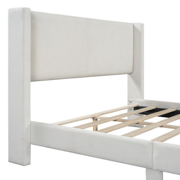 HomeRoots Beige Corduroy Upholstered Queen Bed Frame - Modern Design, Cozy Support & Stylish Comfort for Any Room 672572