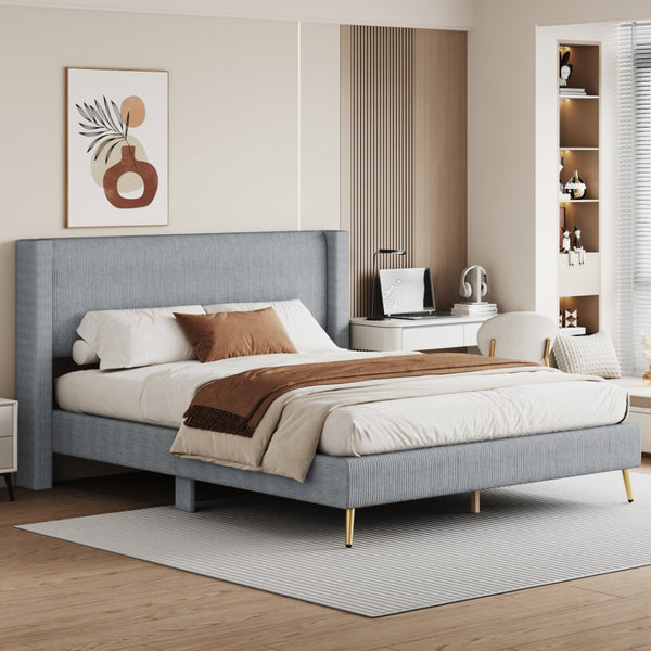 HomeRoots Gray Corduroy Upholstered Queen Bed Frame - Modern Cozy Design with Sturdy Support & Padded Headboard 672573