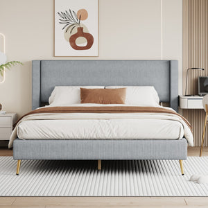 HomeRoots Gray Corduroy Upholstered Queen Bed Frame - Modern Cozy Design with Sturdy Support & Padded Headboard 672573