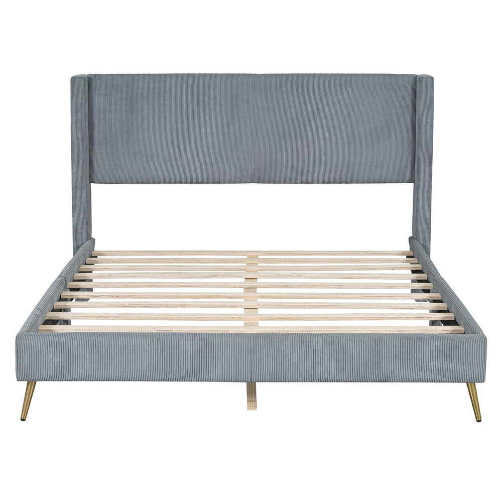 HomeRoots Gray Corduroy Upholstered Queen Bed Frame - Modern Cozy Design with Sturdy Support & Padded Headboard 672573