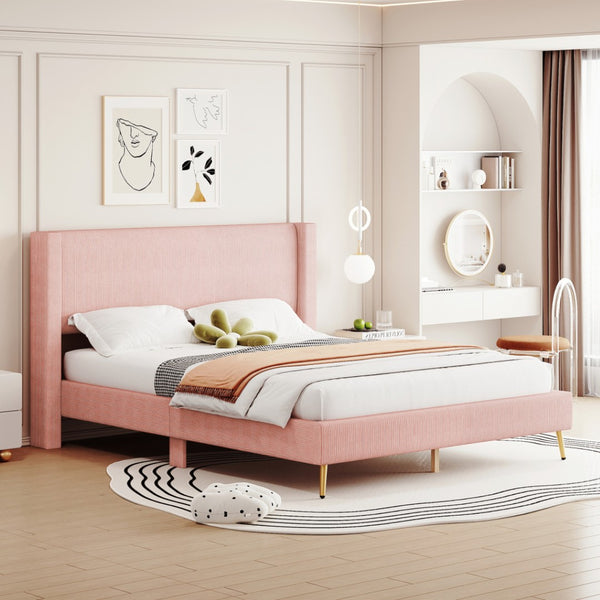 HomeRoots Pink Corduroy Upholstered Queen Bed Frame - Stylish, Durable, and Cozy Platform Design for Modern Bedrooms 672574
