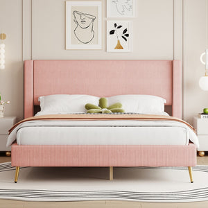 HomeRoots Pink Corduroy Upholstered Queen Bed Frame - Stylish, Durable, and Cozy Platform Design for Modern Bedrooms 672574