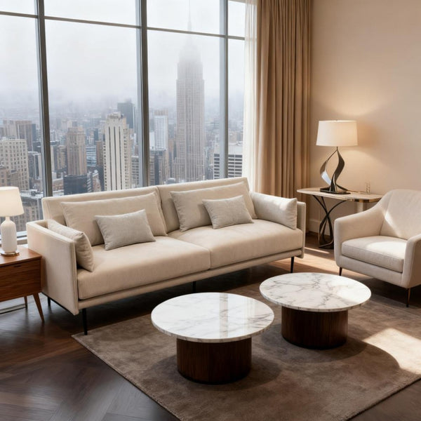HomeRoots 85" Beige Fabric Sofa with Solid Wood Frame & Tufted Cushions - Stylish Comfort & Modern Design 672575