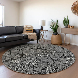 HomeRoots 8' Black And Ivory Floral Round Rug - Durable, Washable, UV Protected for Stylish Living Spaces 672584