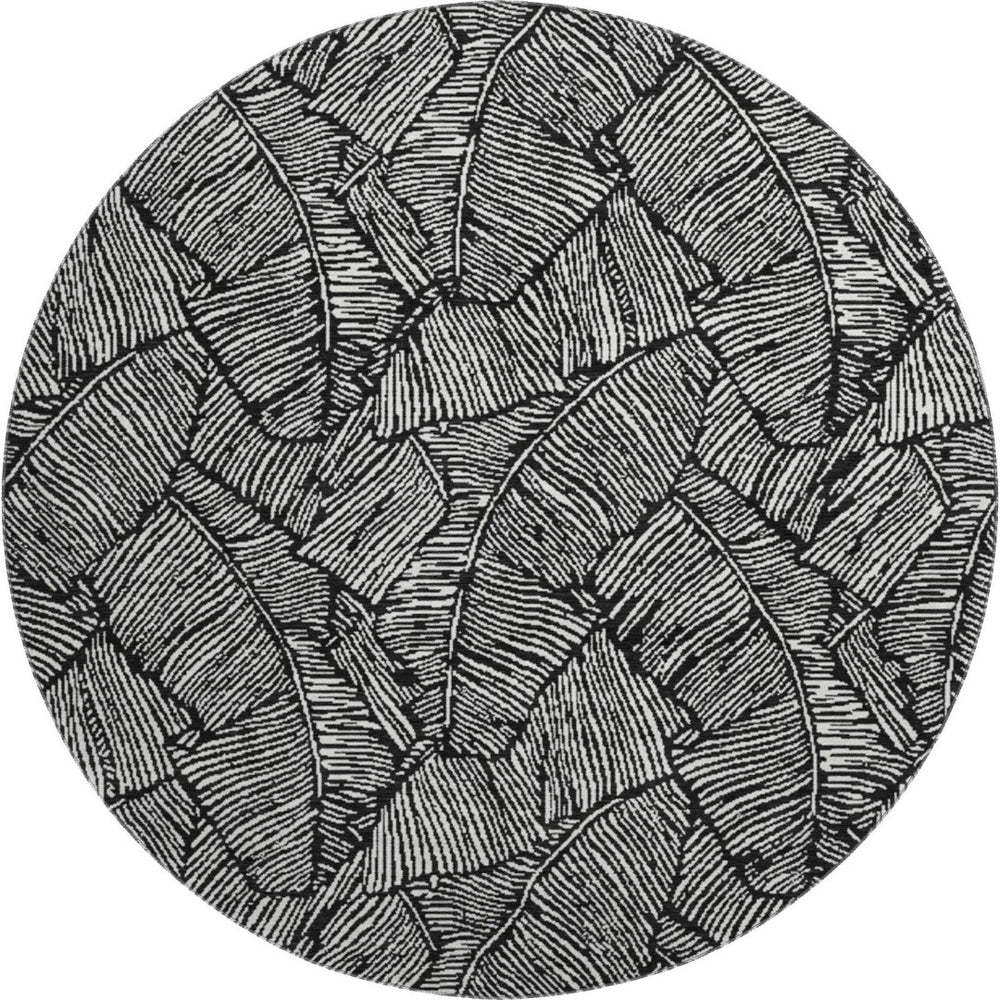 HomeRoots 8' Black And Ivory Floral Round Rug - Durable, Washable, UV Protected for Stylish Living Spaces 672584