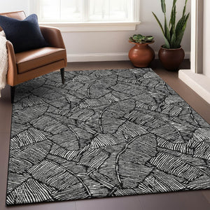 HomeRoots 9' X 12' Black And Ivory Floral Area Rug – Durable, Washable, UV-Protected for High-Traffic Spaces 672586