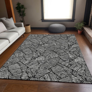 HomeRoots 9' X 12' Black And Ivory Floral Area Rug – Durable, Washable, UV-Protected for High-Traffic Spaces 672586