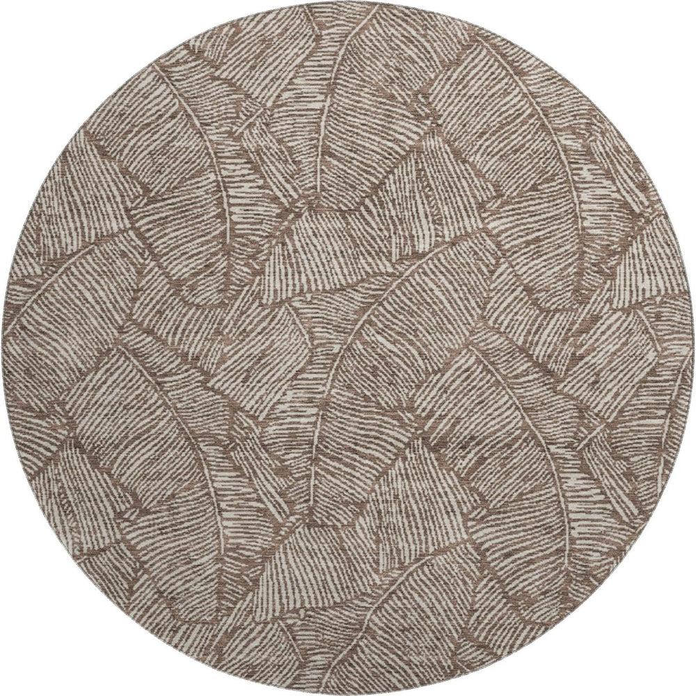 HomeRoots 8' Brown and Beige Floral Washable Round Rug - Durable, UV-Protected, Ideal for Homes with Kids & Pets 672590