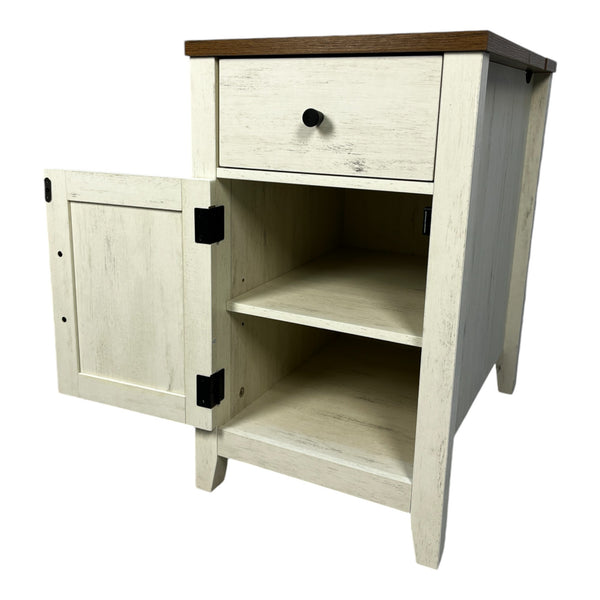 English Elm Farmhouse Nightstand with Charging Station and Barn Door Drawer — USB-C, AC Outlets, Compact Storage Brown+White W1412P230407