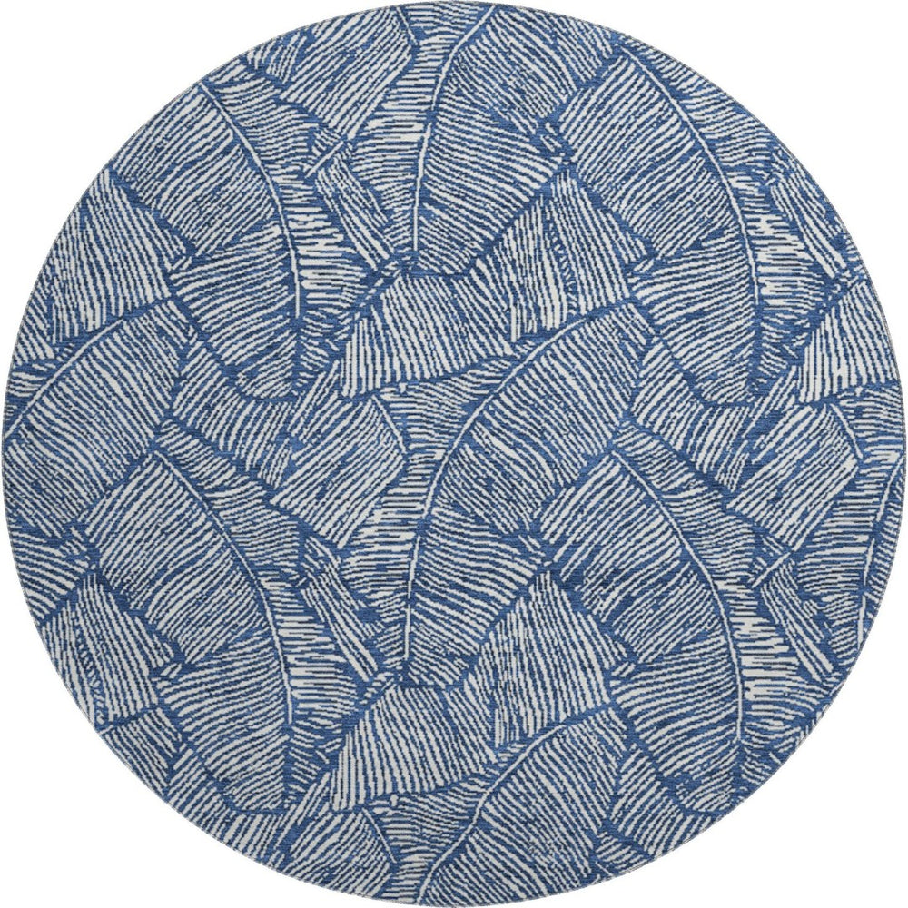 HomeRoots 8' Navy Blue and Ivory Floral Round Rug - UV Protected, Stain-Resistant, Durable for High Traffic Areas 672620