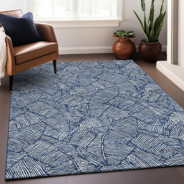 HomeRoots 10' X 14' Navy Blue and Ivory Floral Area Rug - Washable, UV-Protected, Stain Resistant, Durable Design 672623
